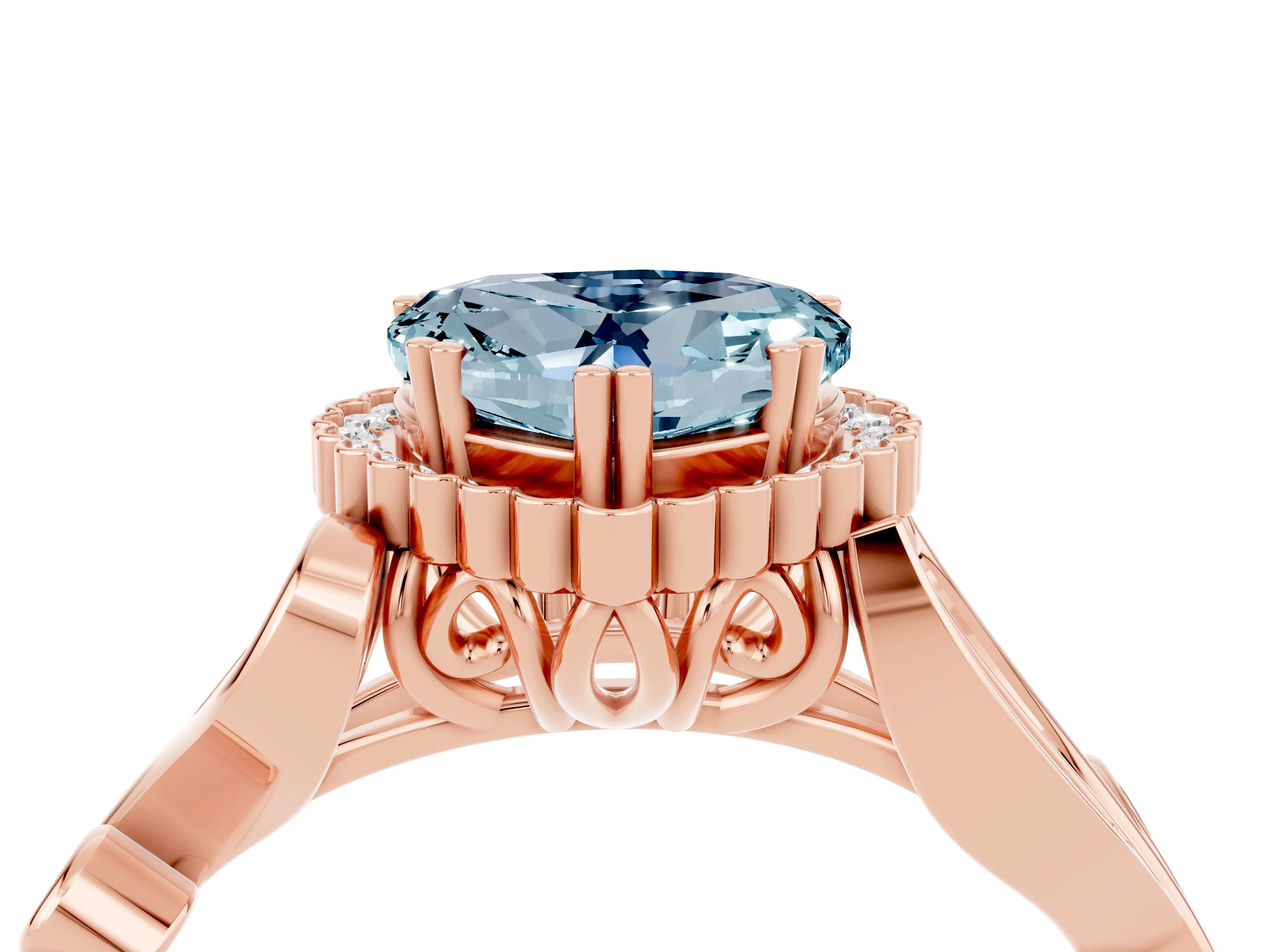 Rose gold Heart Cut Aquamarine Halo Ring with Vintage Split Shank and Four-Prong Setting_4
