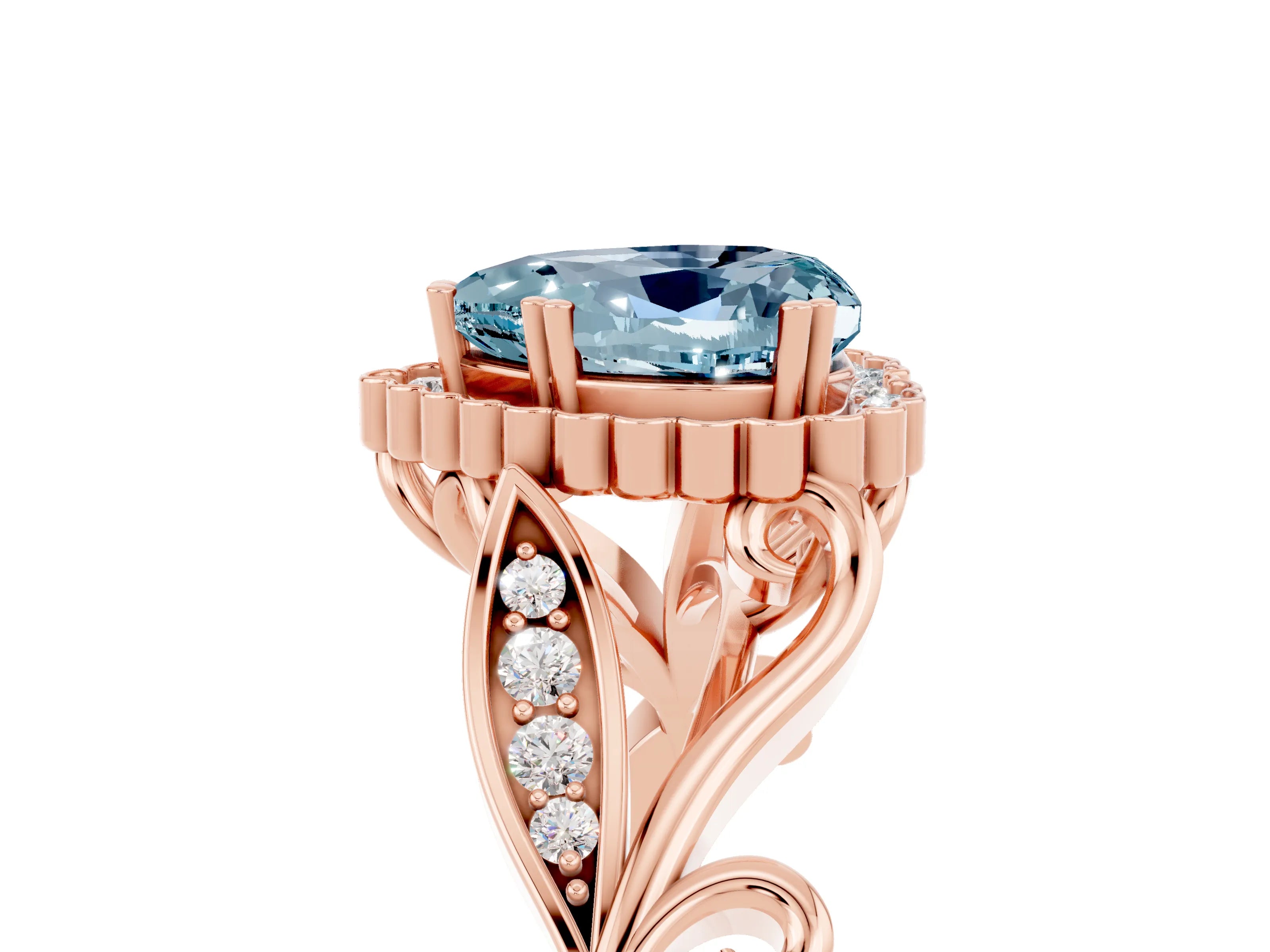 Rose gold Heart Cut Aquamarine Halo Ring with Vintage Split Shank and Four-Prong Setting_5