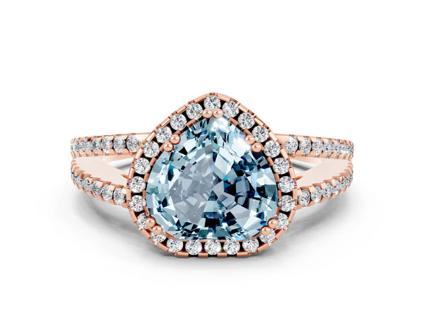 Rose gold Heart Cut Aquamarine Halo Split Shank Engagement Ring