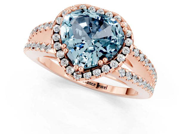 Rose gold Heart Cut Aquamarine Halo Split Shank Engagement Ring