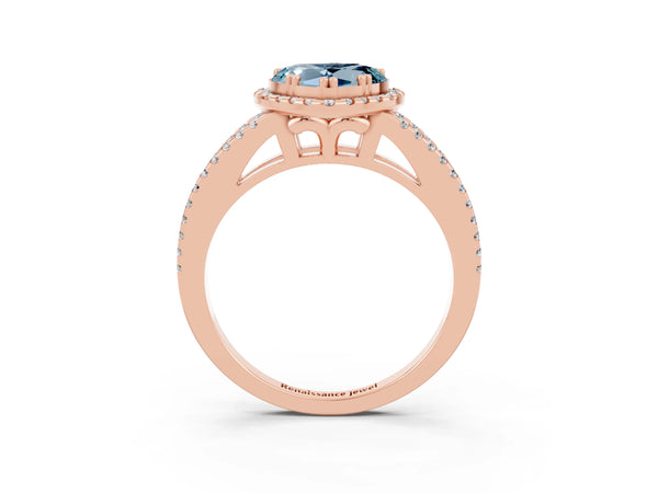 Rose gold Heart Cut Aquamarine Halo Split Shank Engagement Ring