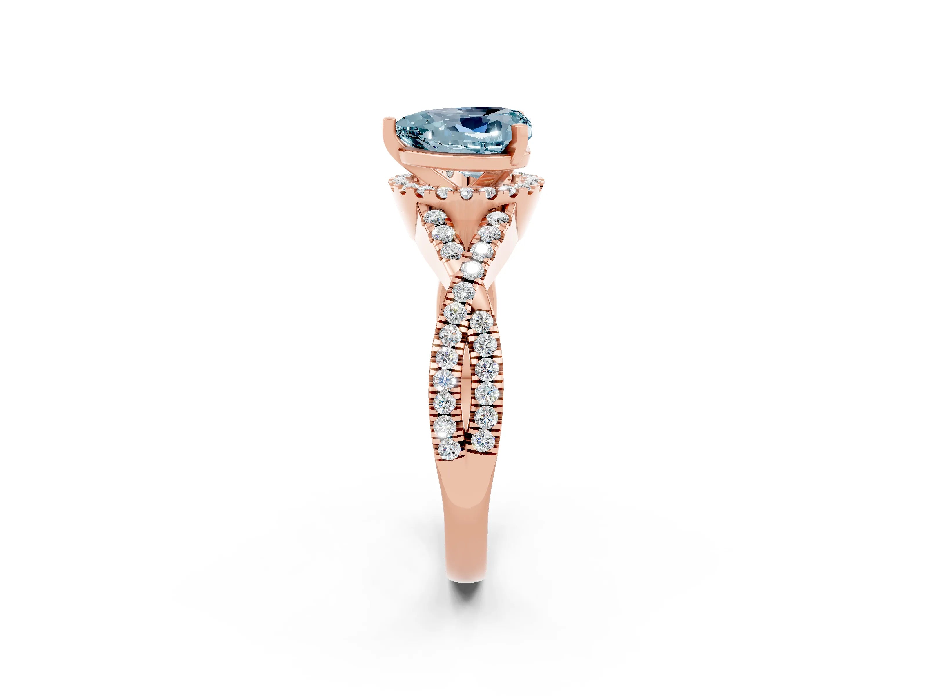 Rose gold Heart Cut Aquamarine Halo Twist Band Solitaire Prong Setting Ring_2