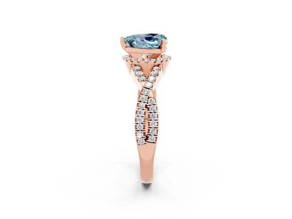 Rose gold Heart Cut Aquamarine  Halo Twist Band Solitaire Prong Setting Ring
