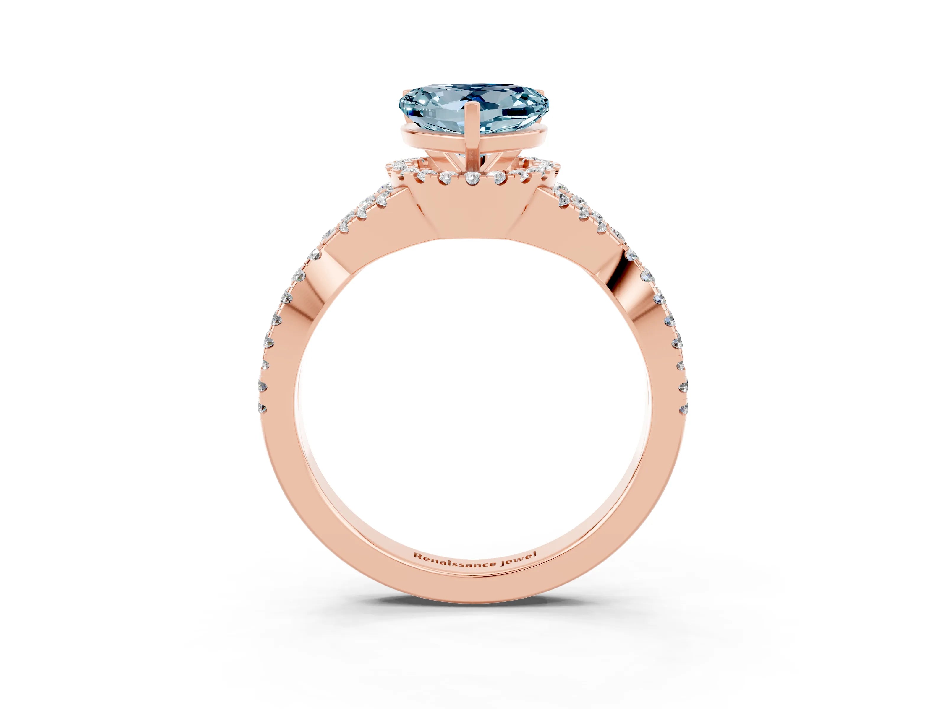 Rose gold Heart Cut Aquamarine Halo Twist Band Solitaire Prong Setting Ring_3