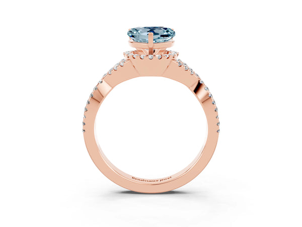 Rose gold Heart Cut Aquamarine  Halo Twist Band Solitaire Prong Setting Ring