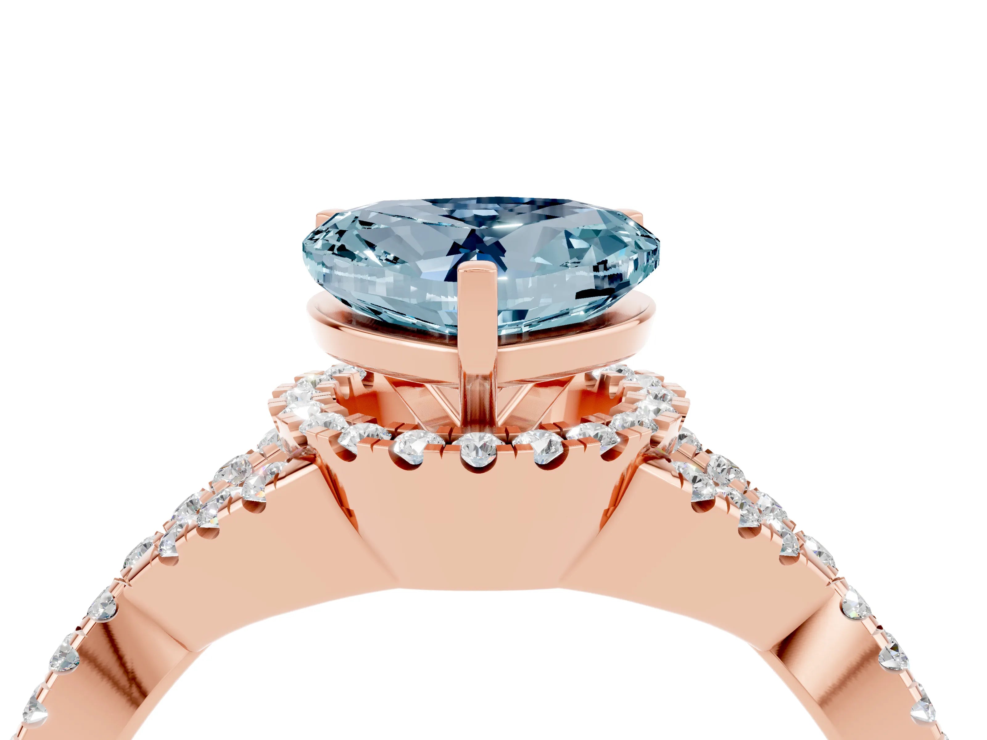 Rose gold Heart Cut Aquamarine Halo Twist Band Solitaire Prong Setting Ring_4