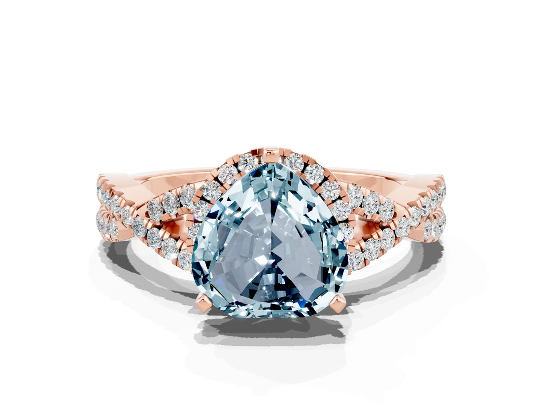 Rose gold Heart Cut Aquamarine  Halo Twist Band Solitaire Prong Setting Ring_42