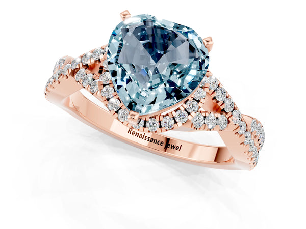 Rose gold Heart Cut Aquamarine  Halo Twist Band Solitaire Prong Setting Ring