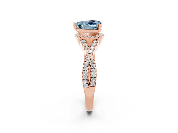 Rose gold Heart Cut Aquamarine  Halo Twist Band Solitaire Prong Setting Ring