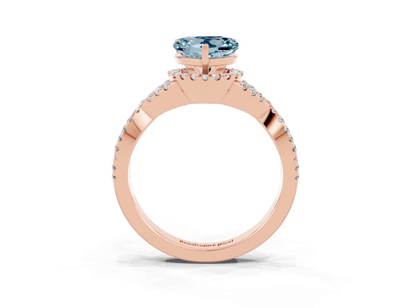 Rose gold Heart Cut Aquamarine  Halo Twist Band Solitaire Prong Setting Ring