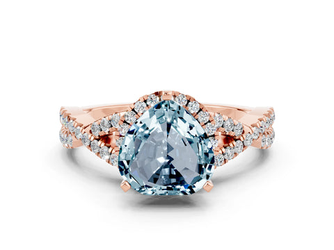 Rose gold Heart Cut Aquamarine Halo Twist Band Solitaire Prong Setting Ring