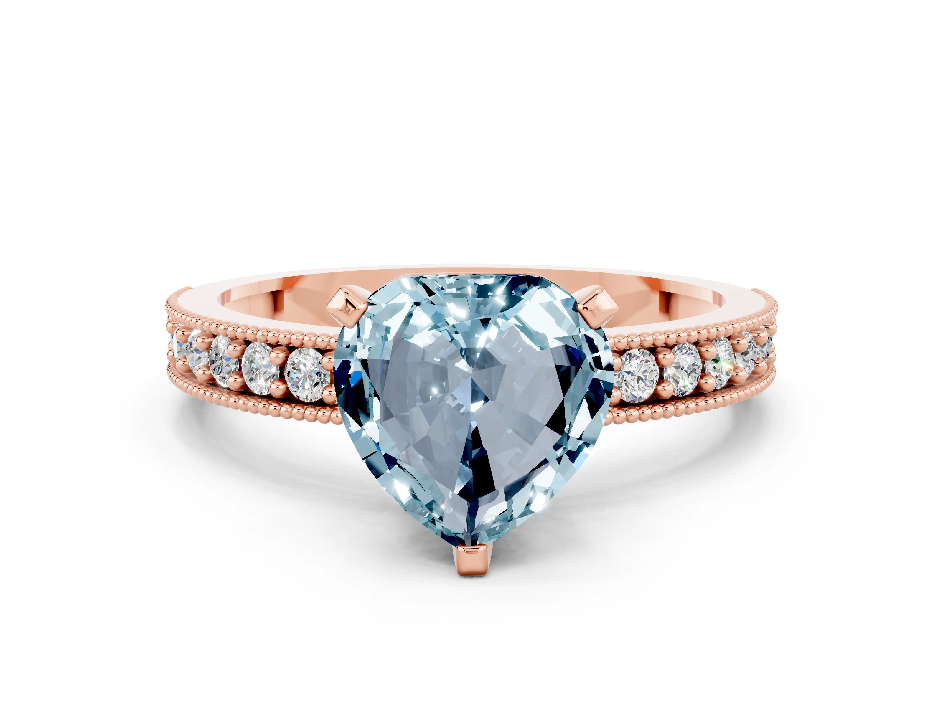 Rose gold Heart Cut Aquamarine Milgrain Pavé Engagement Ring with Four-Prong Setting_12