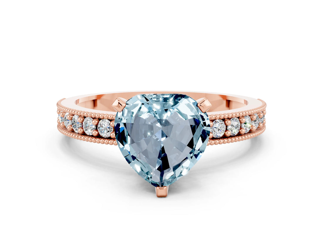 Rose gold Heart Cut Aquamarine Milgrain Pavé Engagement Ring with Four-Prong Setting_12