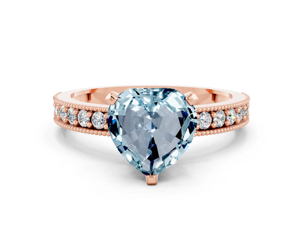 Rose gold Heart Cut Aquamarine Milgrain Pavé Engagement Ring with Four-Prong Setting