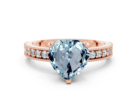 Rose gold Heart Cut Aquamarine Milgrain Pavé Engagement Ring with Four-Prong Setting_12