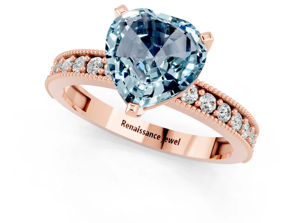 Rose gold Heart Cut Aquamarine Milgrain Pavé Engagement Ring with Four-Prong Setting