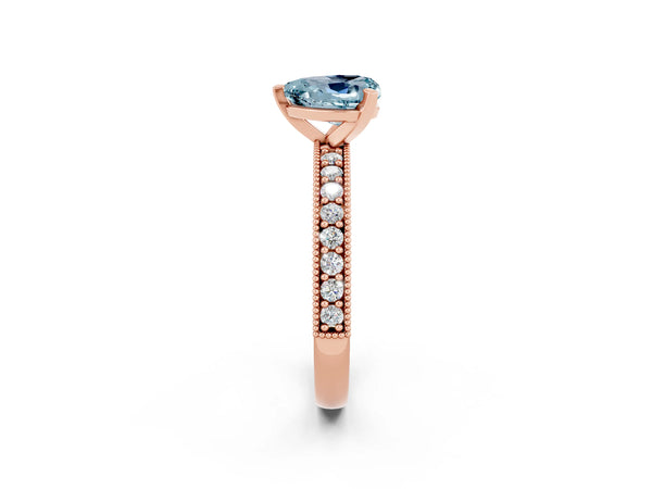Rose gold Heart Cut Aquamarine Milgrain Pavé Engagement Ring with Four-Prong Setting