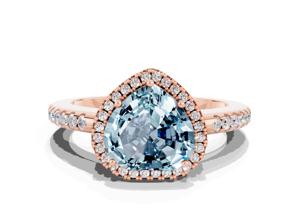 Rose gold Heart Cut Aquamarine Pavé Halo Ring with Four-Prong Setting