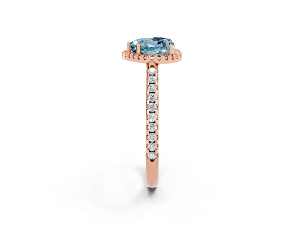 Rose gold Heart Cut Aquamarine Pavé Halo Ring with Four-Prong Setting