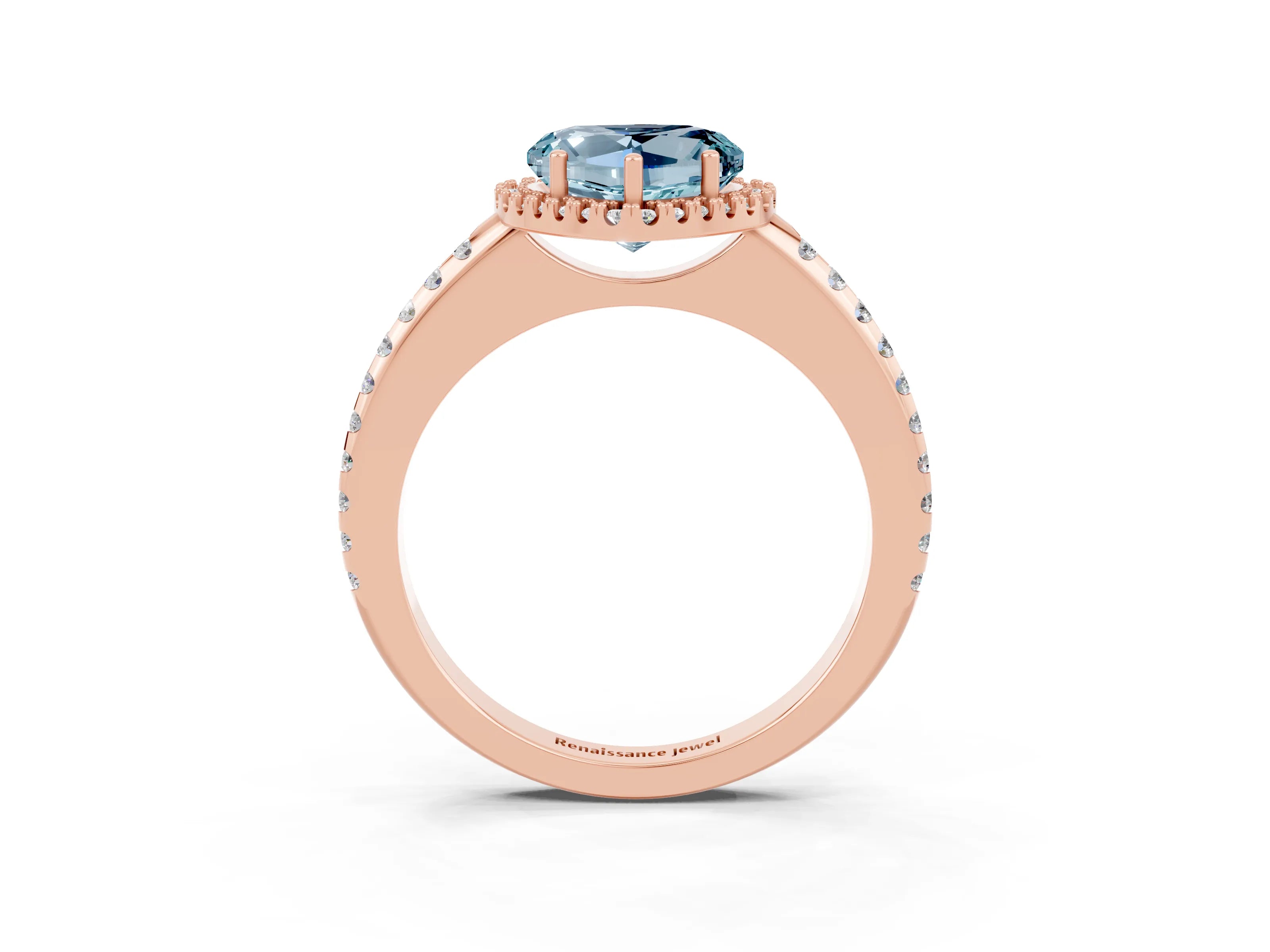 Rose gold Heart Cut Aquamarine Pavé Halo Ring with Four-Prong Setting_15