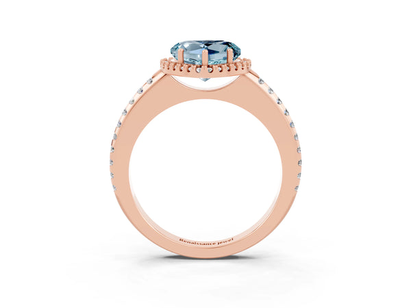 Rose gold Heart Cut Aquamarine Pavé Halo Ring with Four-Prong Setting