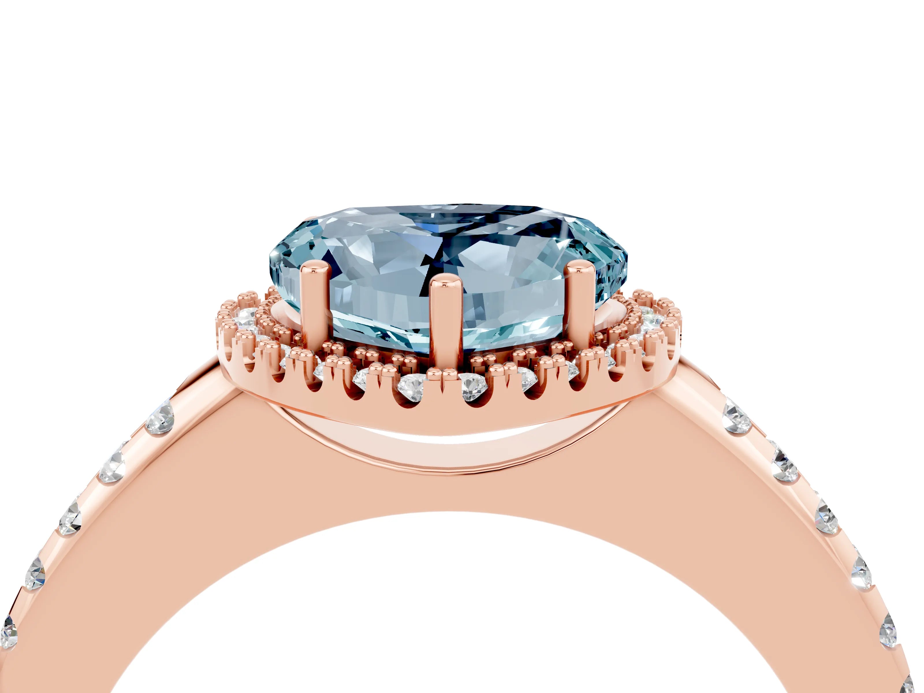 Rose gold Heart Cut Aquamarine Pavé Halo Ring with Four-Prong Setting_16