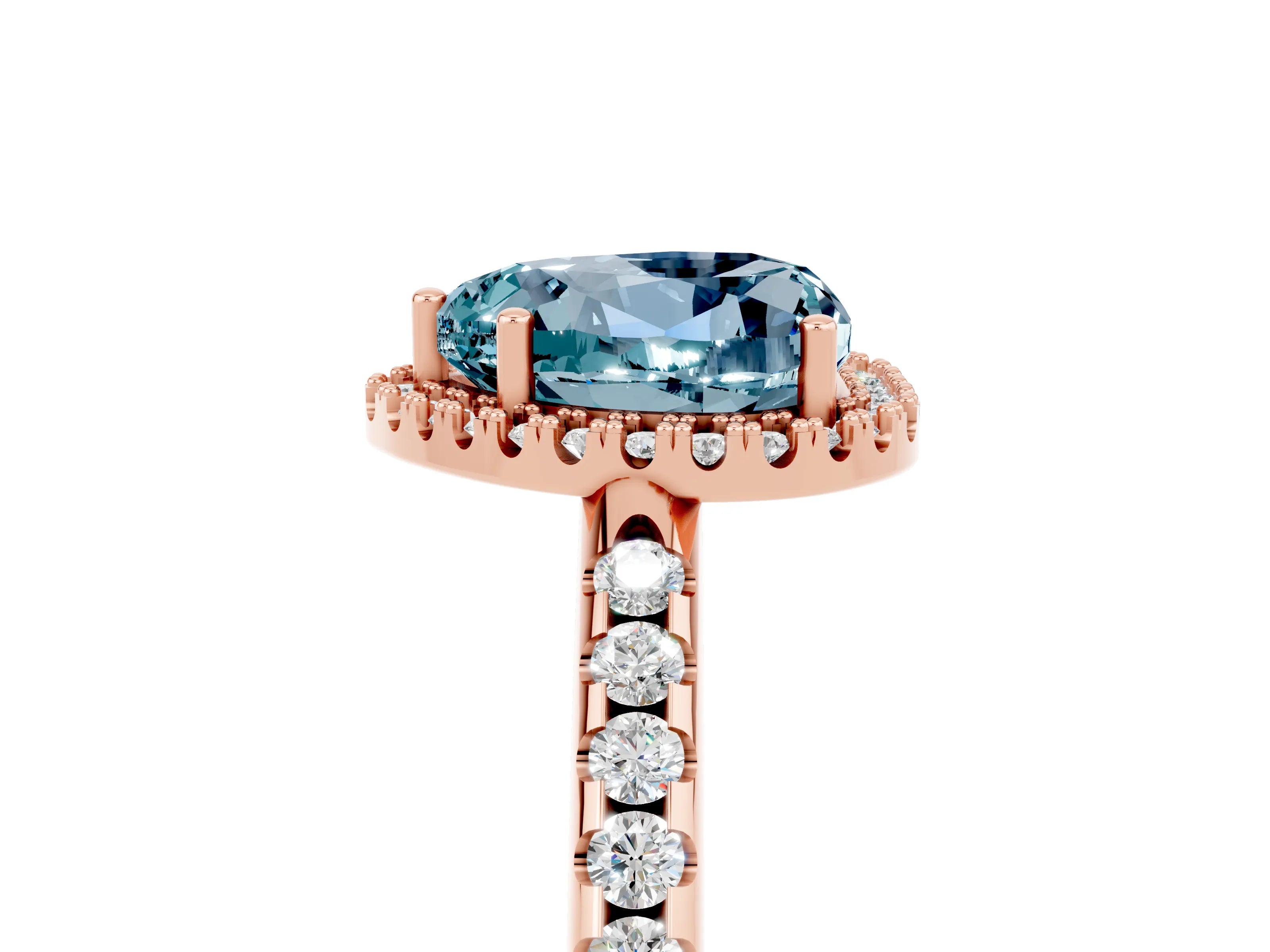 Rose gold Heart Cut Aquamarine Pavé Halo Ring with Four-Prong Setting_17