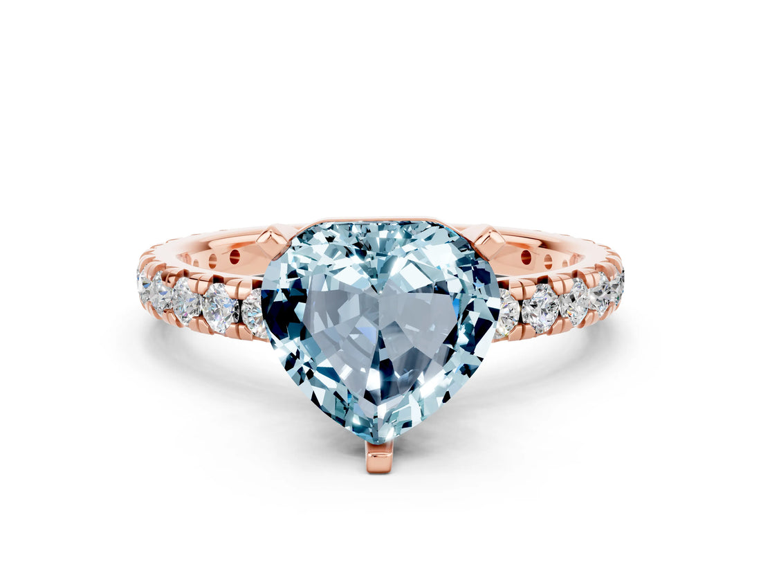 Rose gold Heart Cut Aquamarine Pavé Solitaire Ring with Round Band and Prong Setting_24