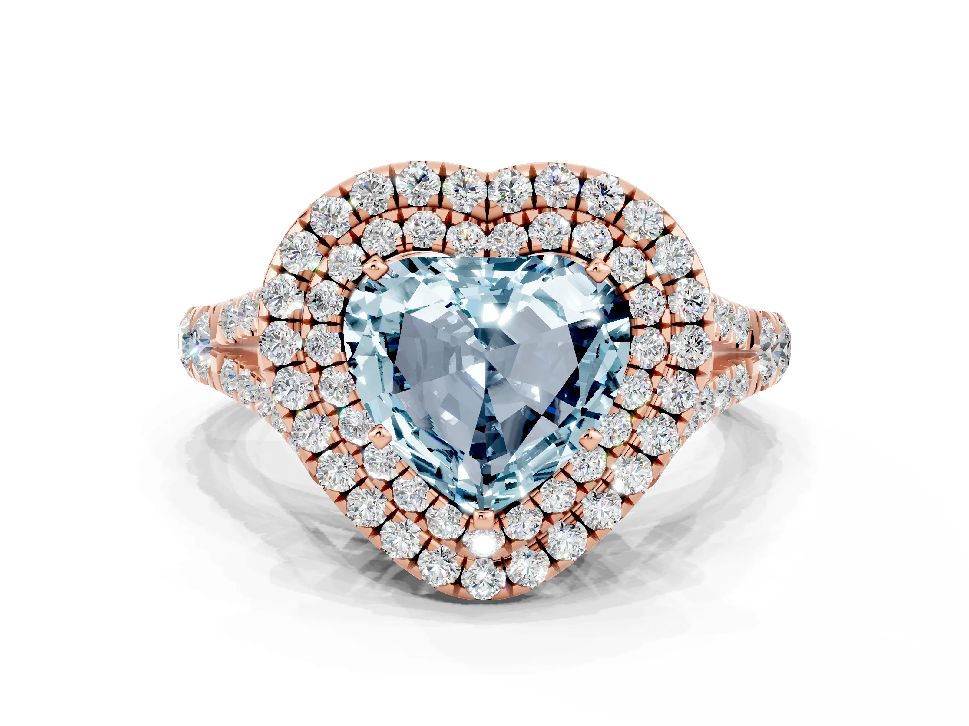 Rose gold Heart Cut Aquamarine Pavé Split Shank Double Halo Engagement Ring