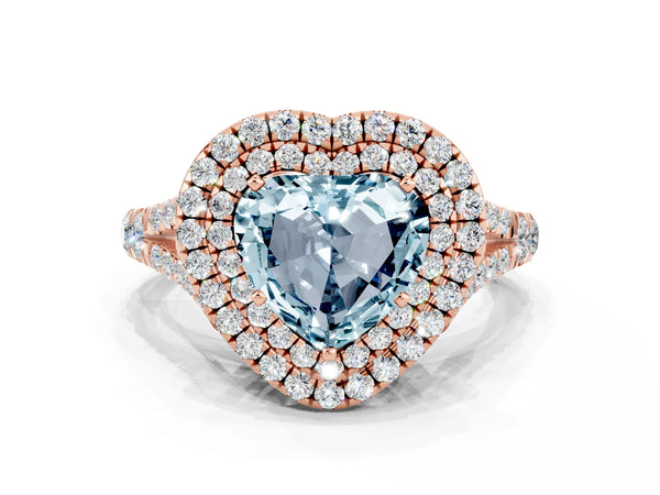 Rose gold Heart Cut Aquamarine Pavé Split Shank Double Halo Engagement Ring