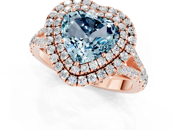 Rose gold Heart Cut Aquamarine Pavé Split Shank Double Halo Engagement Ring