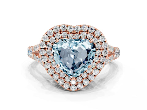 Rose gold Heart Cut Aquamarine Pavé Split Shank Double Halo Engagement Ring