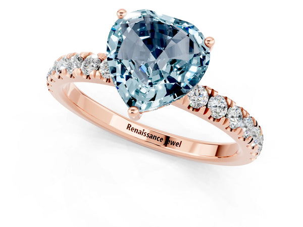 Rose gold Heart Cut Aquamarine Pave Band Solitaire Ring with Round  and Prong Setting