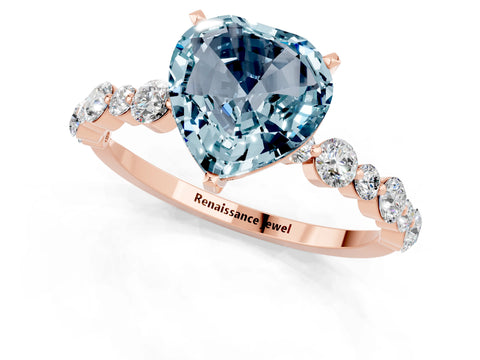 Rose gold Heart Cut Aquamarine Prong Set Engagement Ring with Pavé Band_1