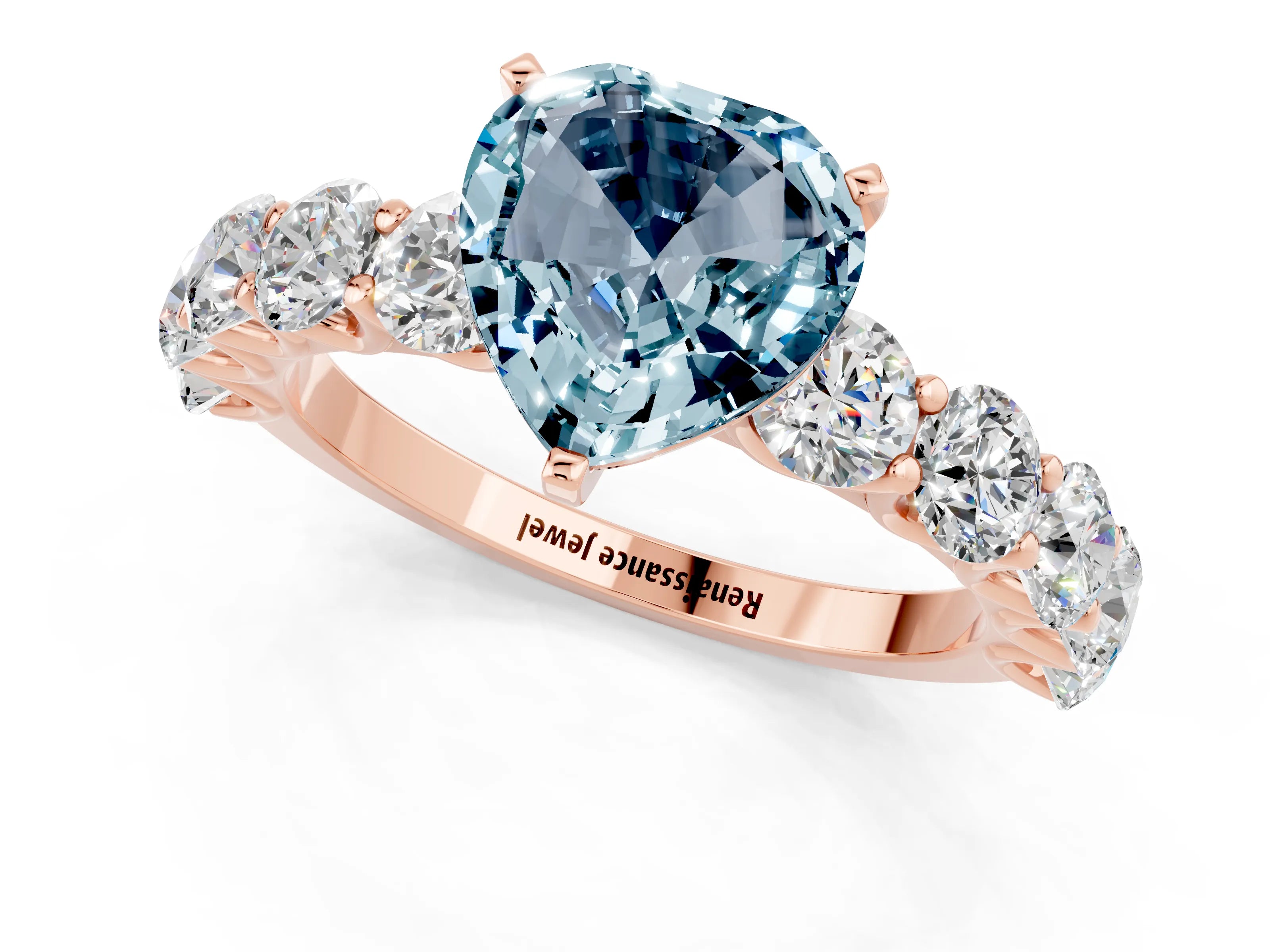 Rose gold Heart Cut Aquamarine Prong Setting with Side Stones on a Pave Band_1