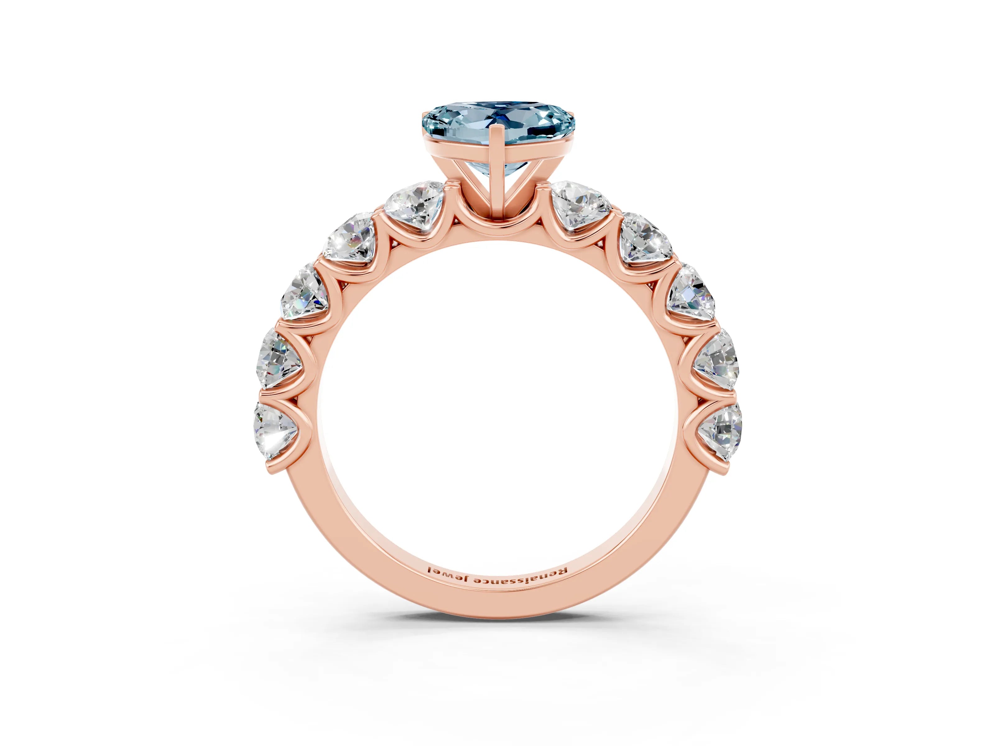 Rose gold Heart Cut Aquamarine Prong Setting with Side Stones on a Pave Band_3