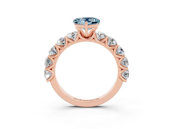 Rose gold Heart Cut Aquamarine Prong Setting with Side Stones on a Pave Band