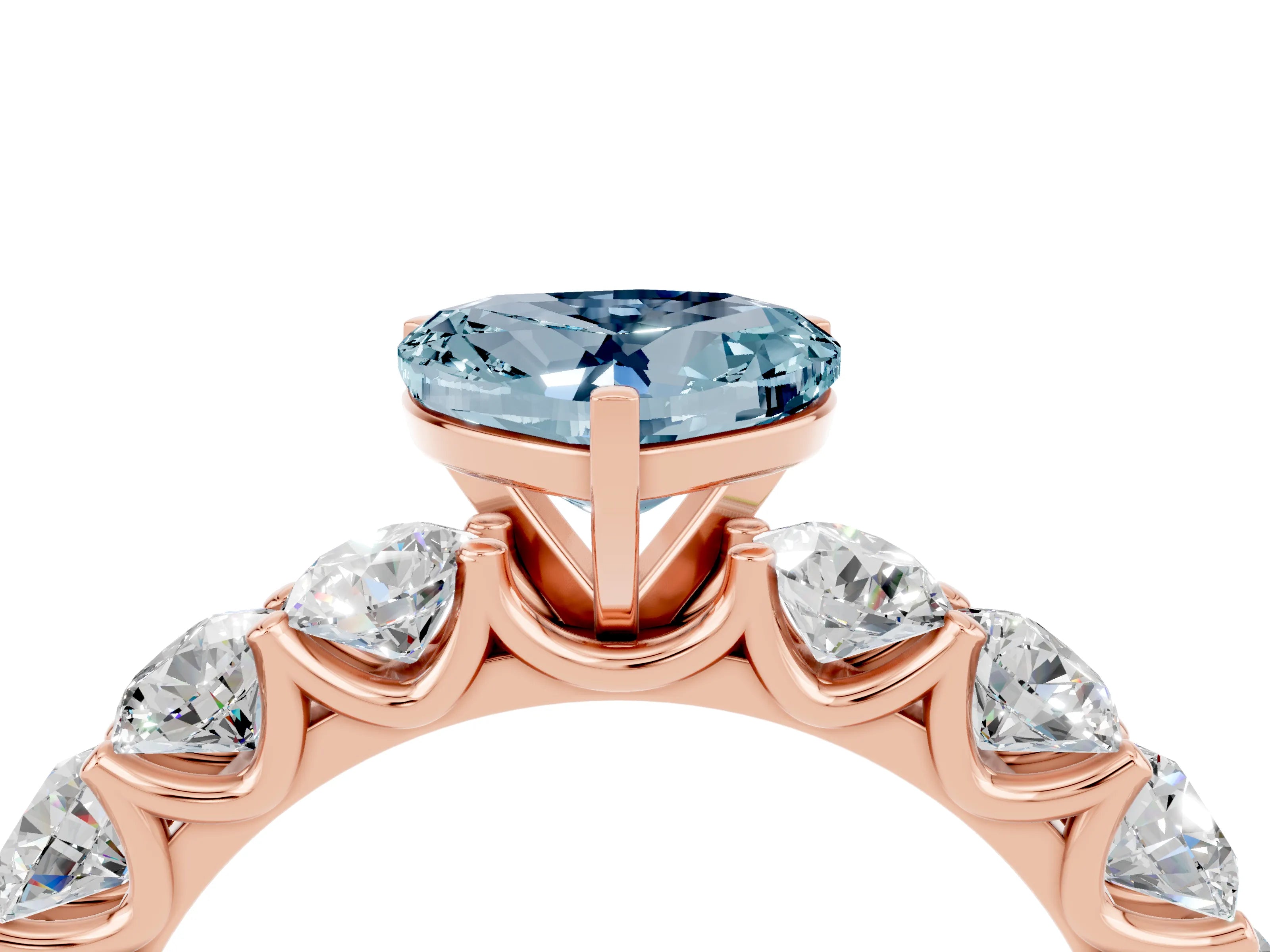 Rose gold Heart Cut Aquamarine Prong Setting with Side Stones on a Pave Band_4