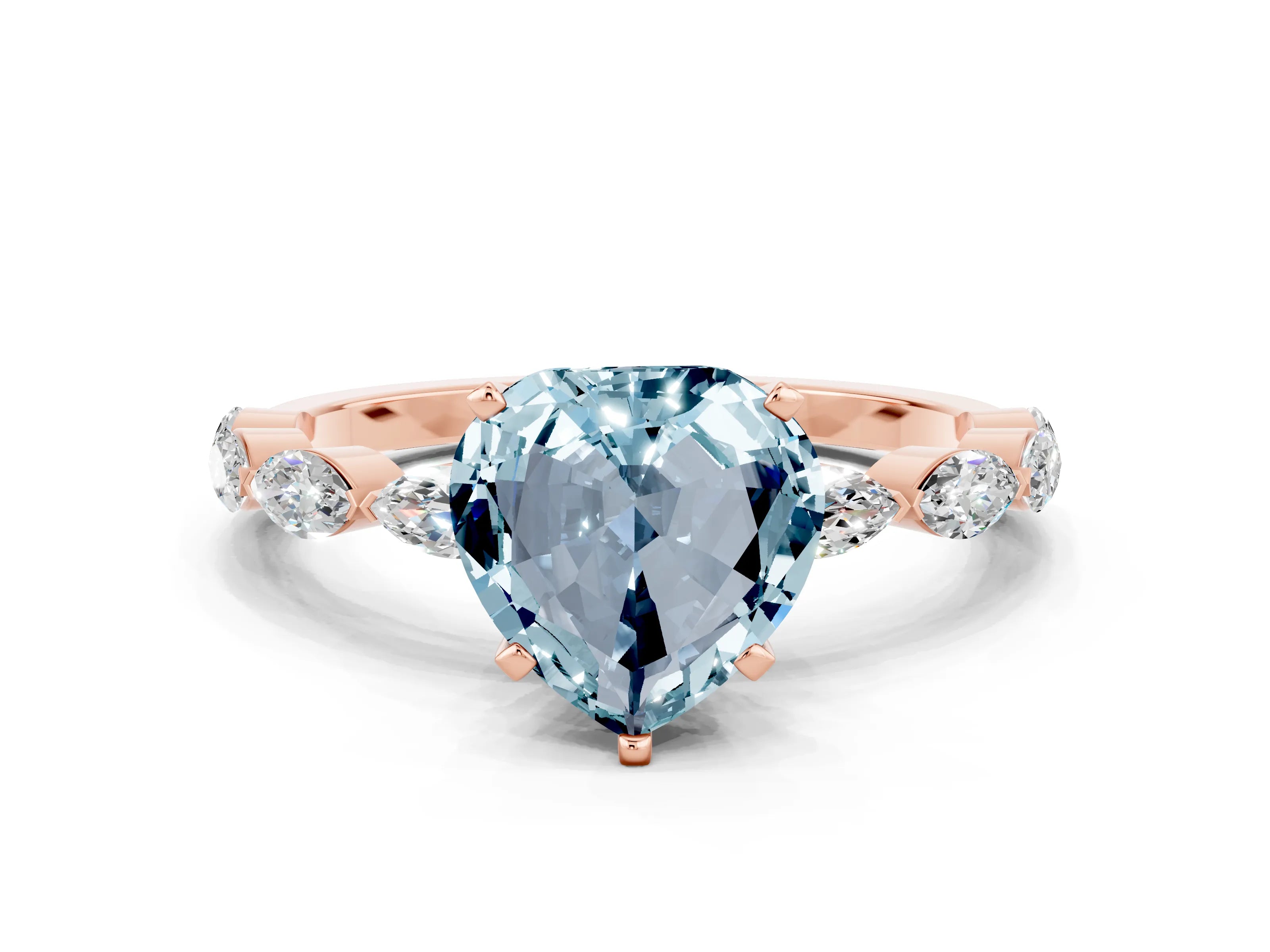 Rose gold Heart Cut Aquamarine Ring with Marquise Side Stones and Prong Setting