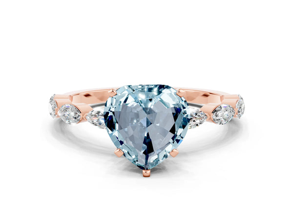 Rose gold Heart Cut Aquamarine Ring with Marquise Side Stones and Prong Setting