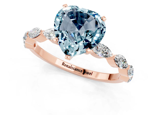 Rose gold Heart Cut Aquamarine Ring with Marquise Side Stones and Prong Setting