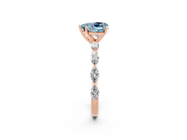 Rose gold Heart Cut Aquamarine Ring with Marquise Side Stones and Prong Setting
