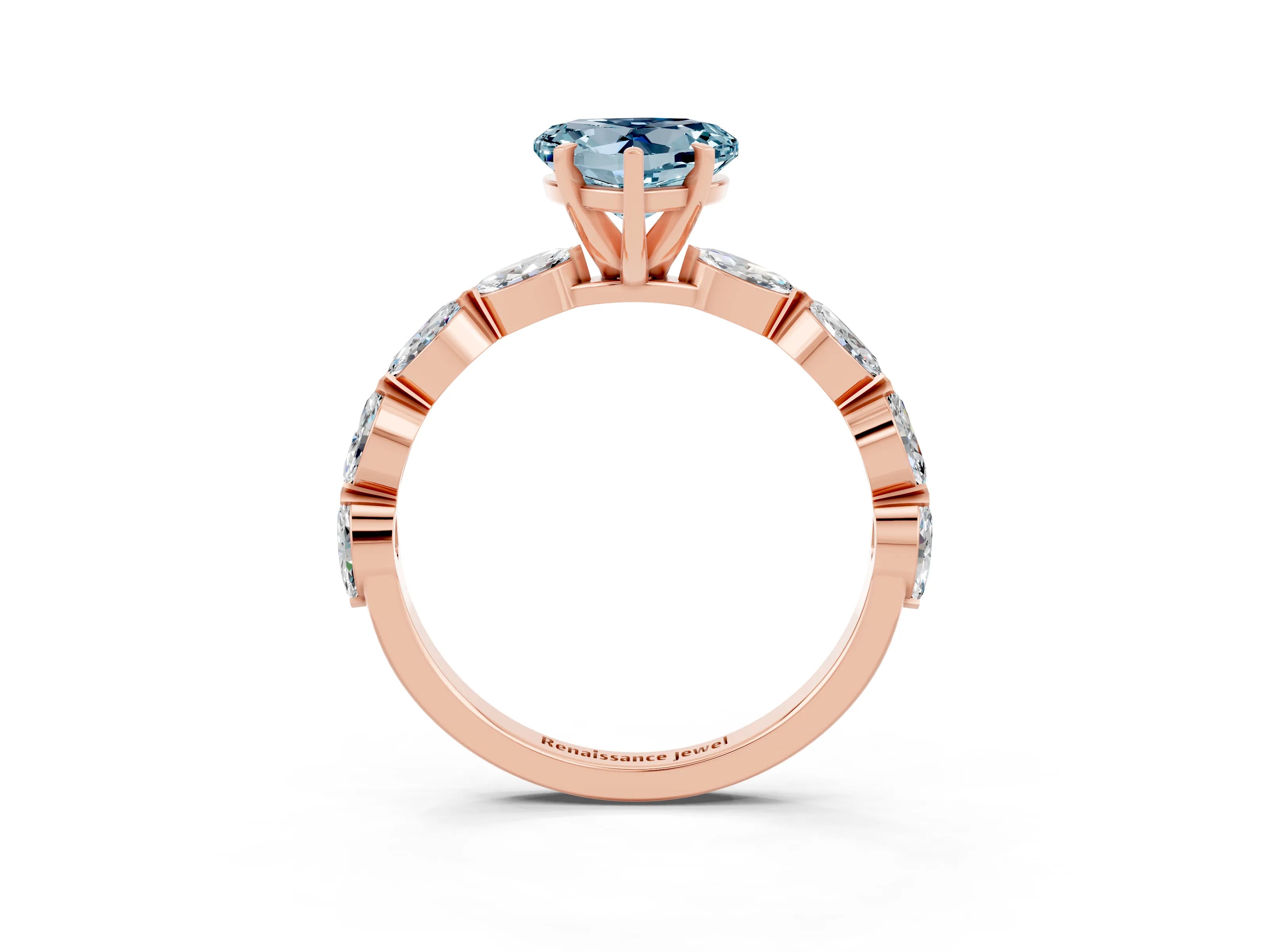 Rose gold Heart Cut Aquamarine Ring with Marquise Side Stones and Prong Setting_3