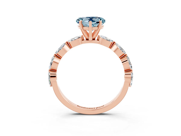 Rose gold Heart Cut Aquamarine Ring with Marquise Side Stones and Prong Setting