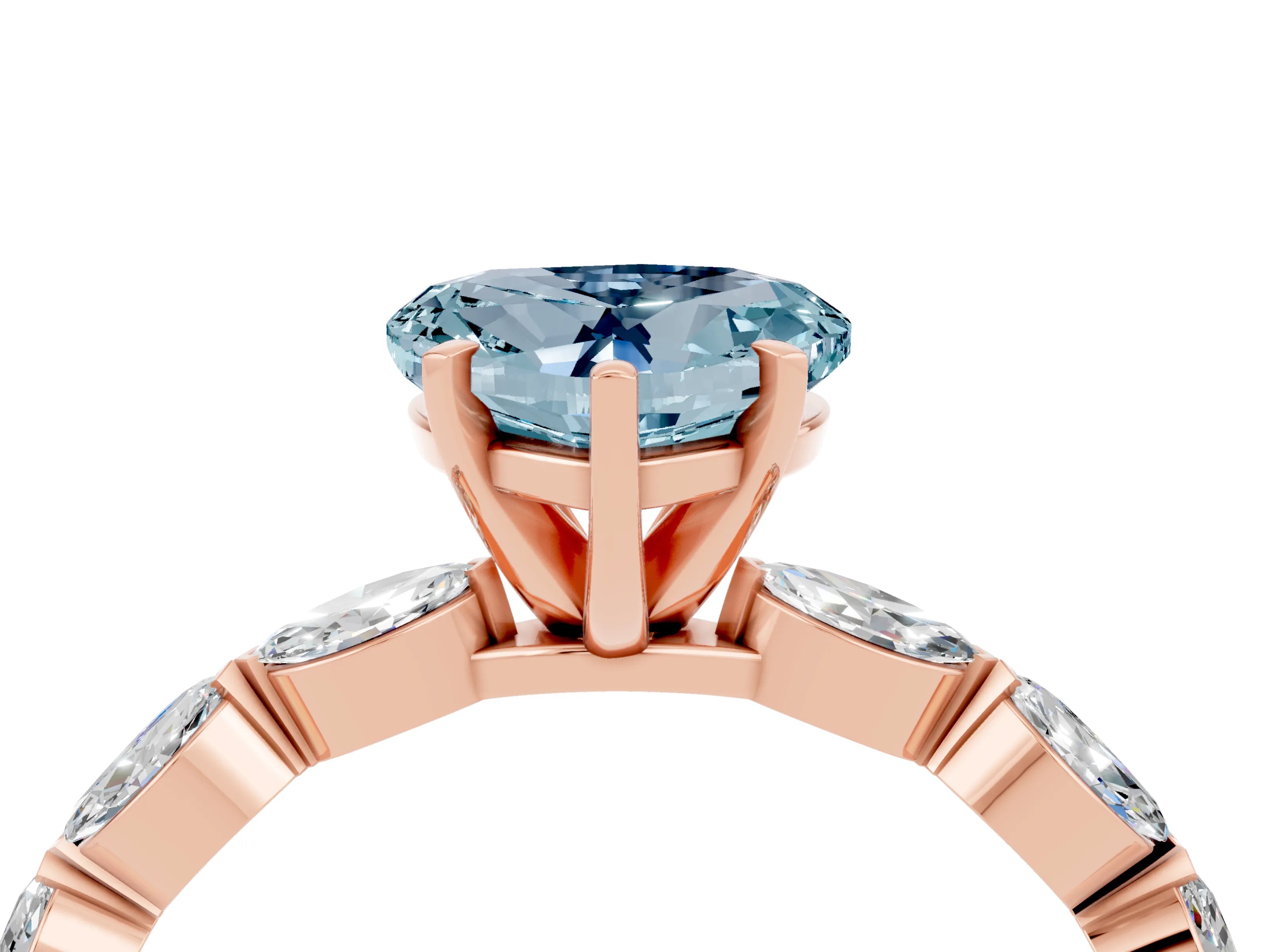 Rose gold Heart Cut Aquamarine Ring with Marquise Side Stones and Prong Setting_4