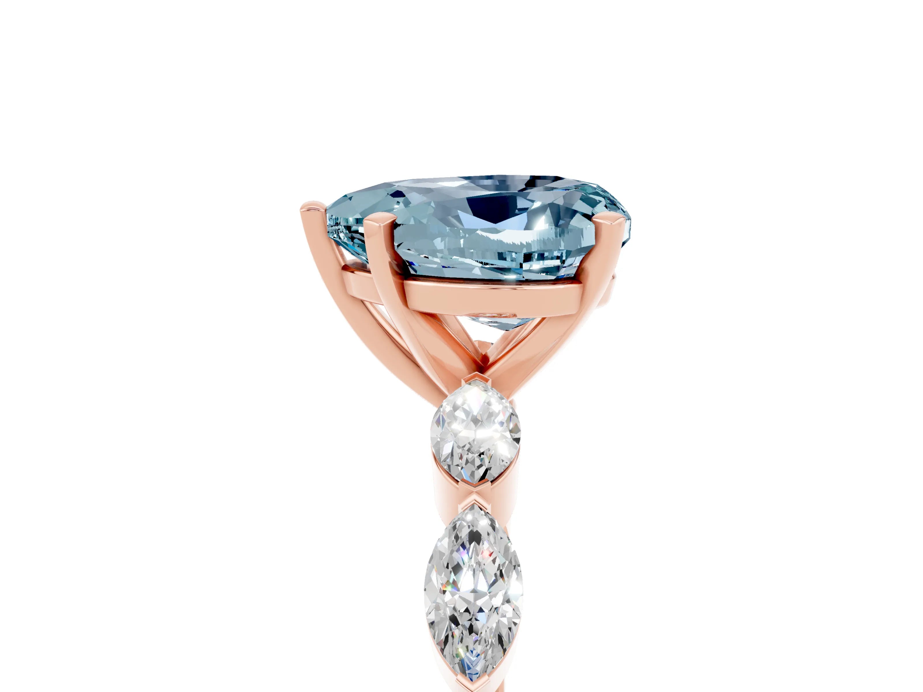 Rose gold Heart Cut Aquamarine Ring with Marquise Side Stones and Prong Setting_5