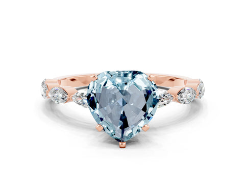 Rose gold Heart Cut Aquamarine Ring with Marquise Side Stones and Prong Setting