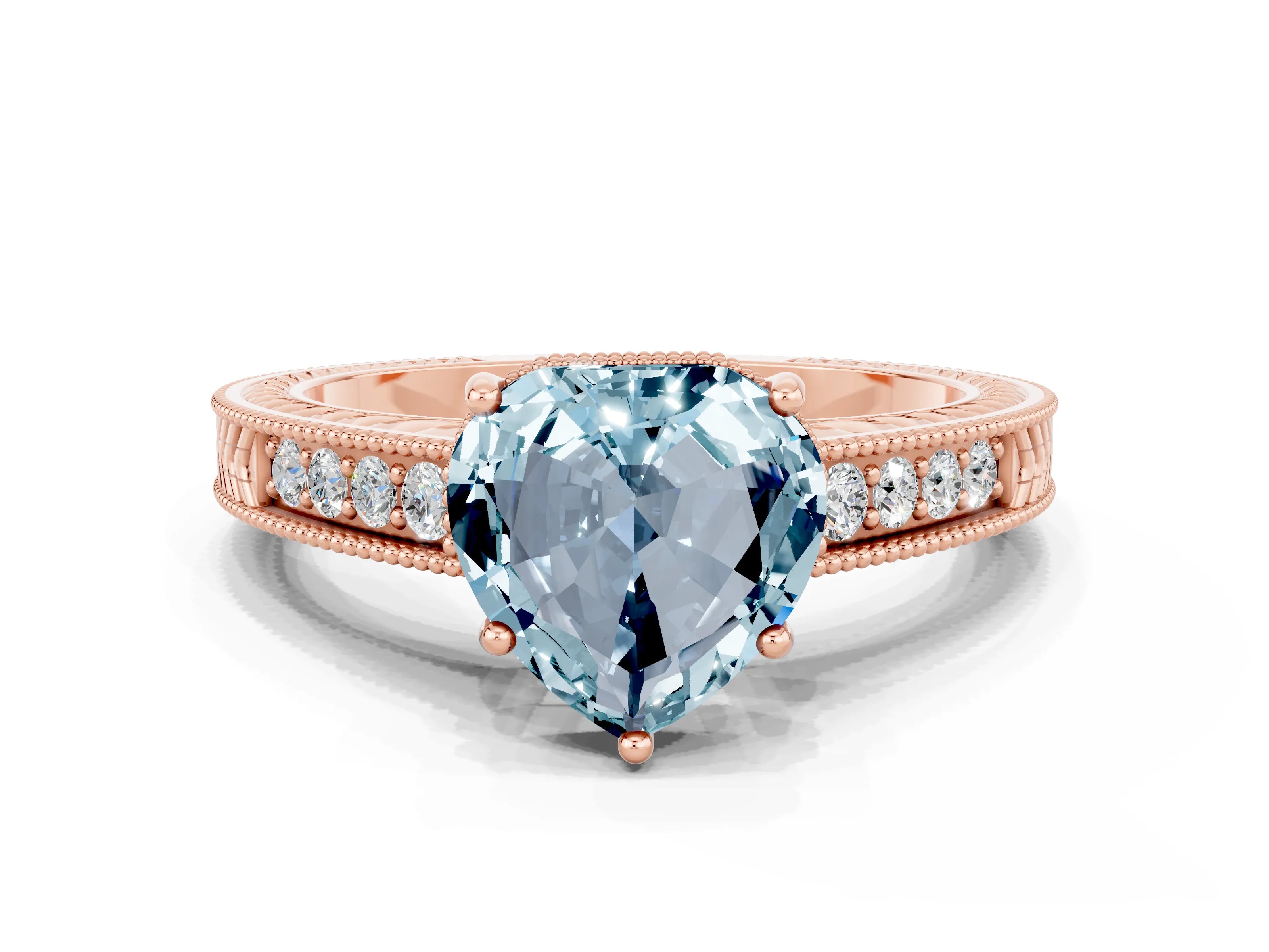 Rose gold Heart Cut Aquamarine Ring with Milgrain Pavé Band and Four-Prong Setting_12