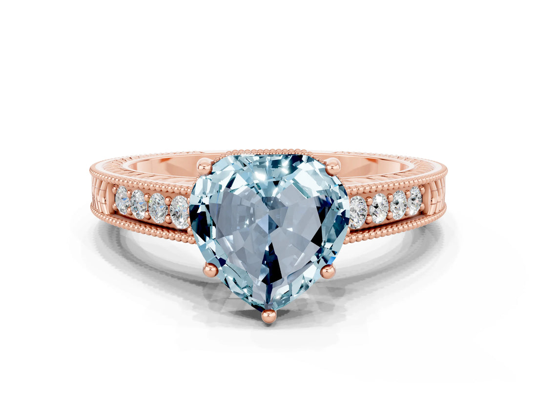 Rose gold Heart Cut Aquamarine Ring with Milgrain Pavé Band and Four-Prong Setting_12