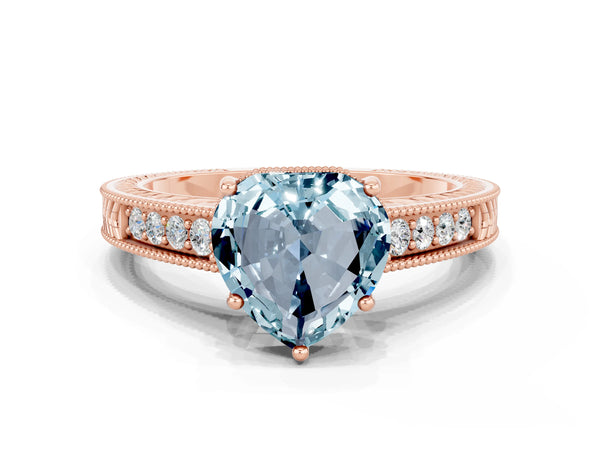 Rose gold Heart Cut Aquamarine Ring with Milgrain Pavé Band and Four-Prong Setting